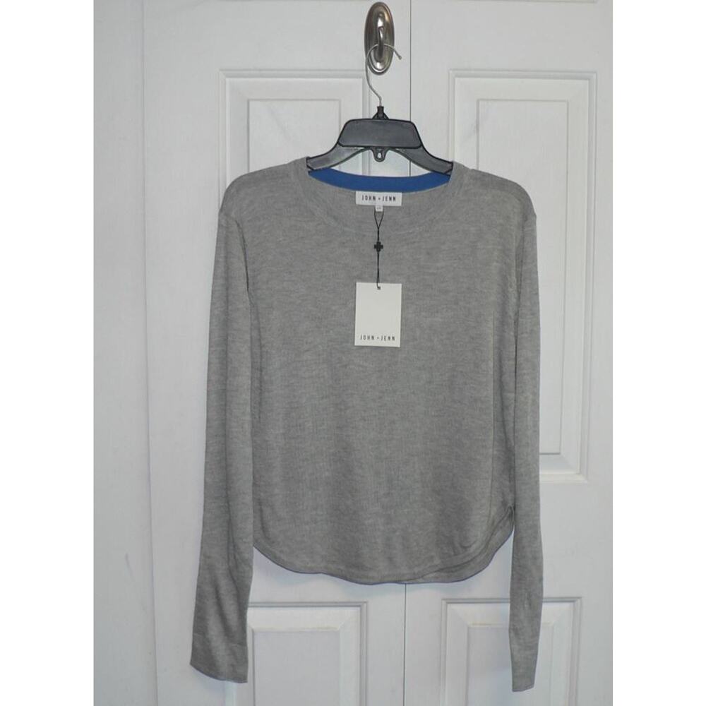 John +‎ Jenn Women's Lightweight Crewneck Sweater in Limestone Blue Pop LG $110